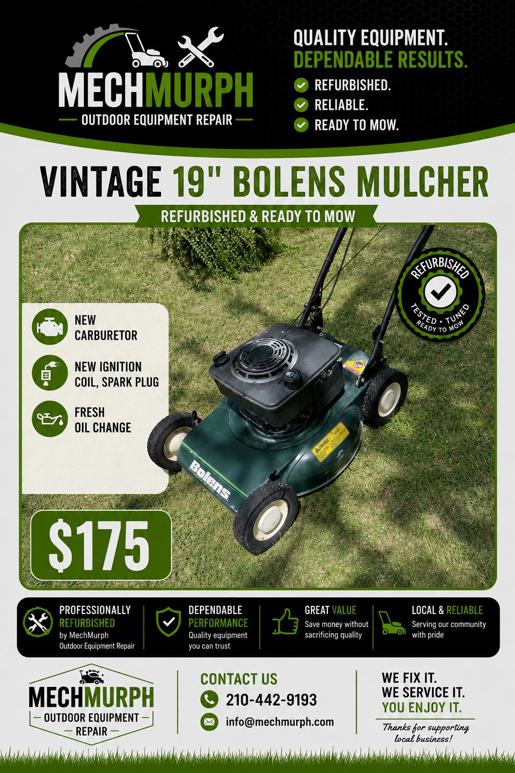 Refurbished vintage 19 inch Bolens mulching mower, $175