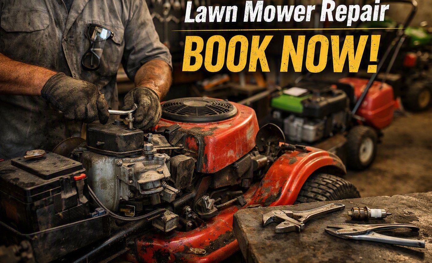 MechMurph mechanic repairing a lawn mower engine — Lawn Mower Repair, Book Now
