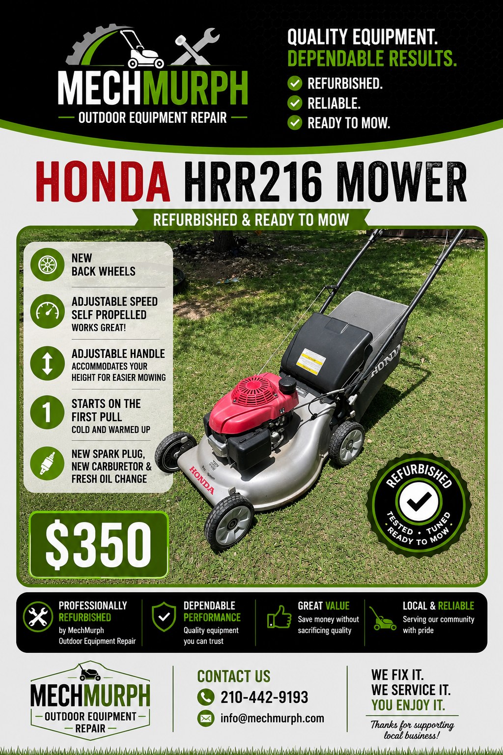 Refurbished Honda HRR216 self-propelled mower, $350