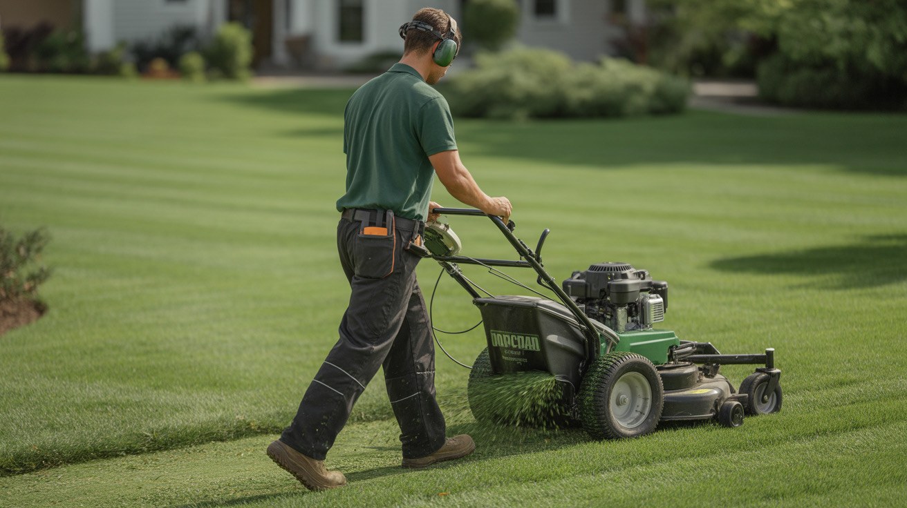 A MechMurph machine mowing a freshly striped San Antonio lawn
