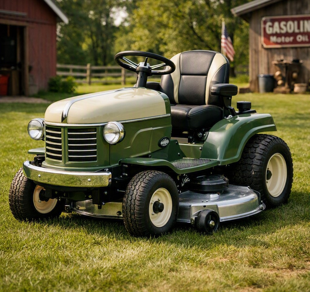 Restored vintage-style riding mower in a San Antonio yard