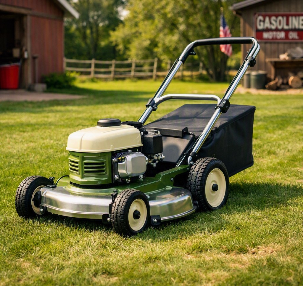A cleaned-up vintage-style push mower on a fresh-cut lawn